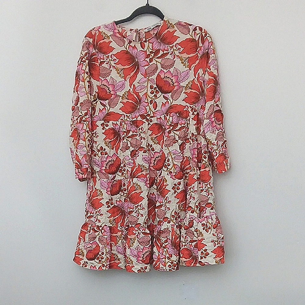 Zara The Sharon Dress Womens Small Cream, Red & Pink Textured Floral One Button